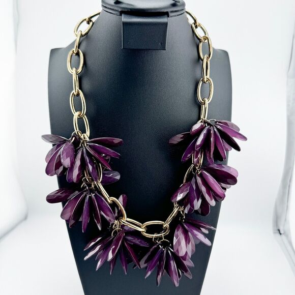 Vintage Plum Flowered Brutalist Paperclip Necklace Retro Bold Statement - Picture 4 of 8